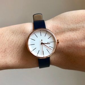 Rose Gold Skagen watch with Navy Leather strap